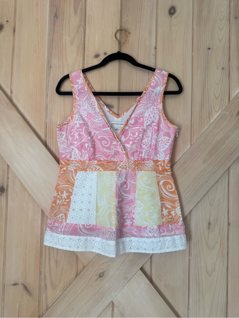 Sleeveless Floral Patchwork V-Neck Tank Top in Pink, Orange & Yellow